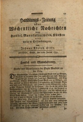 Handlungszeitung oder wöchentliche Nachrichten von Handel, Manufakturwesen, Künsten und neuen Erfindungen Samstag 21. Januar 1792