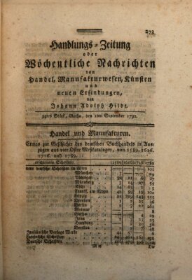 Handlungszeitung oder wöchentliche Nachrichten von Handel, Manufakturwesen, Künsten und neuen Erfindungen Samstag 1. September 1792