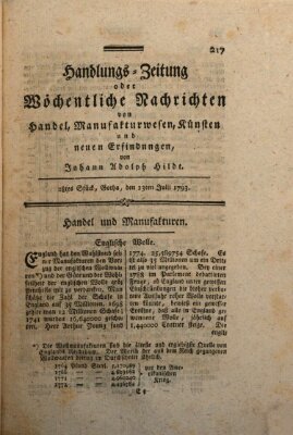 Handlungszeitung oder wöchentliche Nachrichten von Handel, Manufakturwesen, Künsten und neuen Erfindungen Samstag 13. Juli 1793