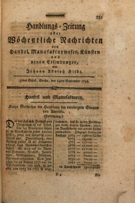 Handlungszeitung oder wöchentliche Nachrichten von Handel, Manufakturwesen, Künsten und neuen Erfindungen Samstag 14. September 1793