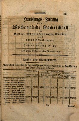 Handlungszeitung oder wöchentliche Nachrichten von Handel, Manufakturwesen, Künsten und neuen Erfindungen Samstag 16. November 1793