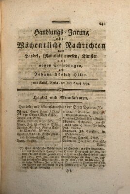 Handlungszeitung oder wöchentliche Nachrichten von Handel, Manufakturwesen, Künsten und neuen Erfindungen Samstag 2. August 1794