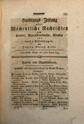 Handlungszeitung oder wöchentliche Nachrichten von Handel, Manufakturwesen, Künsten und neuen Erfindungen Samstag 30. August 1794