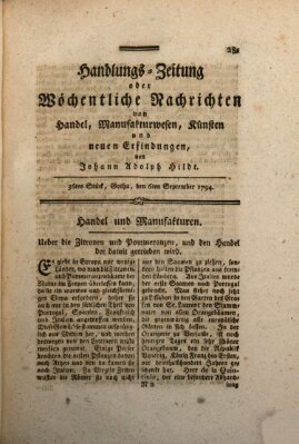 Handlungszeitung oder wöchentliche Nachrichten von Handel, Manufakturwesen, Künsten und neuen Erfindungen Samstag 6. September 1794