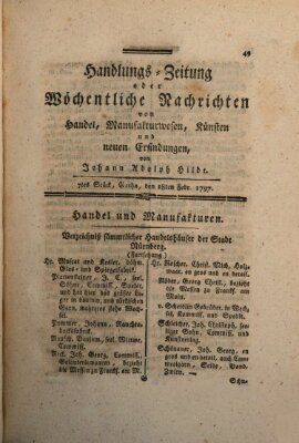 Handlungszeitung oder wöchentliche Nachrichten von Handel, Manufakturwesen, Künsten und neuen Erfindungen Samstag 18. Februar 1797