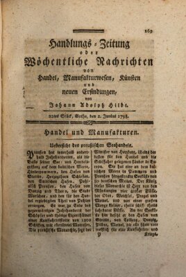 Handlungszeitung oder wöchentliche Nachrichten von Handel, Manufakturwesen, Künsten und neuen Erfindungen Samstag 2. Juni 1798