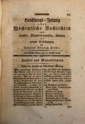 Handlungszeitung oder wöchentliche Nachrichten von Handel, Manufakturwesen, Künsten und neuen Erfindungen Samstag 30. Juni 1798