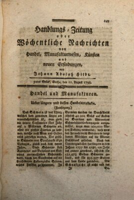 Handlungszeitung oder wöchentliche Nachrichten von Handel, Manufakturwesen, Künsten und neuen Erfindungen Samstag 11. August 1798