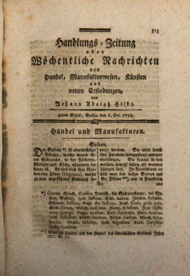 Handlungszeitung oder wöchentliche Nachrichten von Handel, Manufakturwesen, Künsten und neuen Erfindungen Samstag 6. Oktober 1798