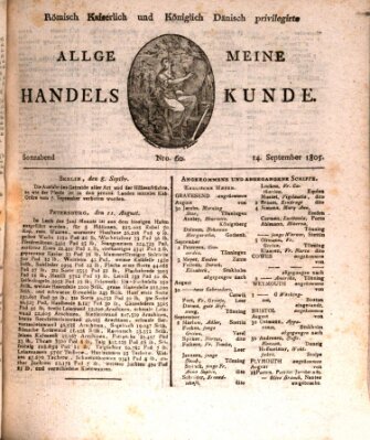 Römisch Kaiserlich und Königlich Dänisch privilegirte allgemeine Handelskunde Samstag 14. September 1805