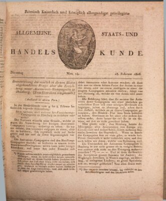 Römisch Kaiserlich und Königlich Dänisch privilegirte allgemeine Handelskunde Dienstag 18. Februar 1806