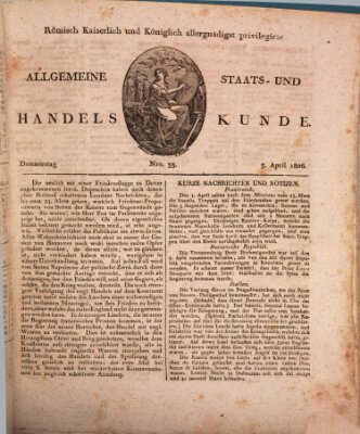 Römisch Kaiserlich und Königlich Dänisch privilegirte allgemeine Handelskunde Donnerstag 3. April 1806