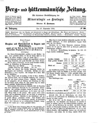 Berg- und hüttenmännische Zeitung Mittwoch 27. September 1854