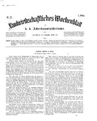 Landwirthschaftliches Wochenblatt des K.K. Ackerbauministeriums in Wien Freitag 31. Dezember 1869