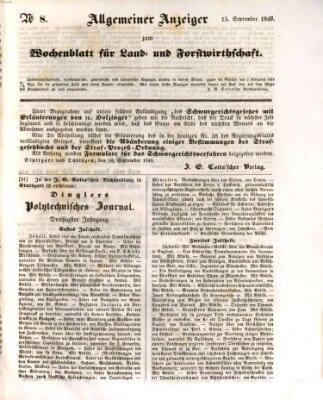 Wochenblatt für Land- und Forstwirthschaft Samstag 15. September 1849