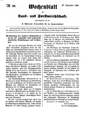 Wochenblatt für Land- und Forstwirthschaft Samstag 27. September 1851