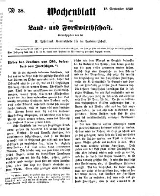 Wochenblatt für Land- und Forstwirthschaft Samstag 18. September 1852