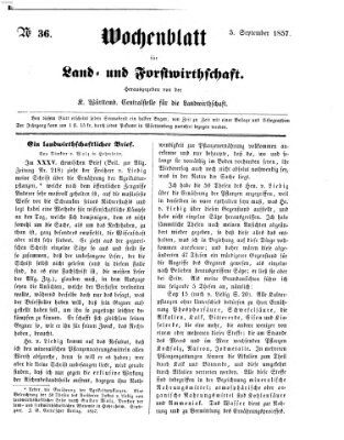 Wochenblatt für Land- und Forstwirthschaft Samstag 5. September 1857