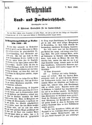 Wochenblatt für Land- und Forstwirthschaft Samstag 7. April 1860