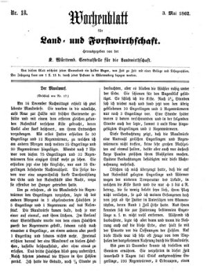 Wochenblatt für Land- und Forstwirthschaft Samstag 3. Mai 1862