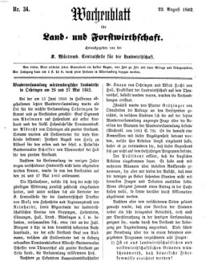 Wochenblatt für Land- und Forstwirthschaft Samstag 23. August 1862