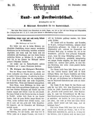 Wochenblatt für Land- und Forstwirthschaft Samstag 13. September 1862