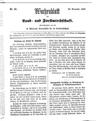 Wochenblatt für Land- und Forstwirthschaft Samstag 30. November 1867