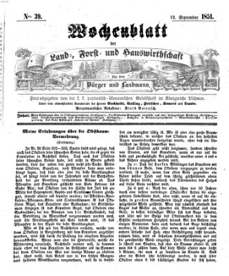 Wochenblatt der Land-, Forst- und Hauswirthschaft für den Bürger und Landmann Freitag 12. September 1851