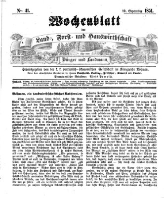 Wochenblatt der Land-, Forst- und Hauswirthschaft für den Bürger und Landmann Freitag 19. September 1851