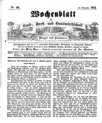 Wochenblatt der Land-, Forst- und Hauswirthschaft für den Bürger und Landmann Freitag 14. November 1851