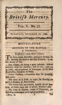 The British mercury or annals of history, politics, manners, literature, arts etc. of the British Empire Samstag 12. September 1789