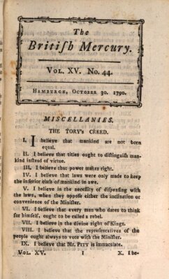 The British mercury or annals of history, politics, manners, literature, arts etc. of the British Empire Samstag 30. Oktober 1790