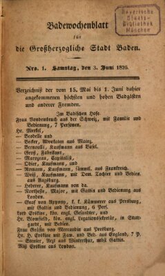Badewochenblatt für die großherzogliche Stadt Baden Samstag 3. Juni 1826