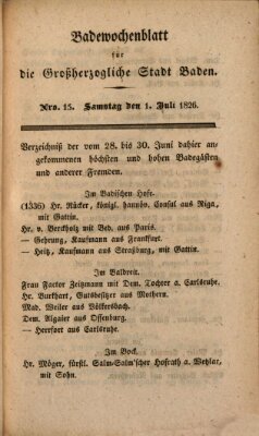 Badewochenblatt für die großherzogliche Stadt Baden Samstag 1. Juli 1826