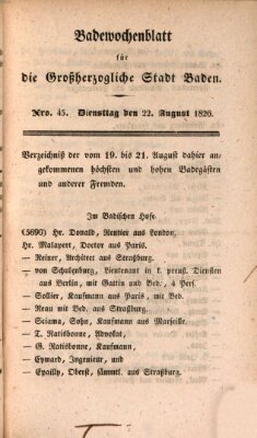 Badewochenblatt für die großherzogliche Stadt Baden Dienstag 22. August 1826