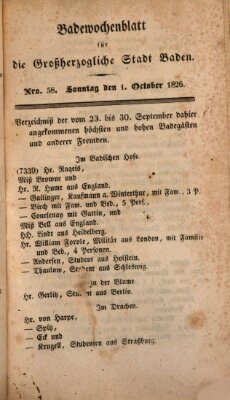 Badewochenblatt für die großherzogliche Stadt Baden Sonntag 1. Oktober 1826