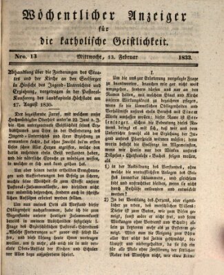 Wöchentlicher Anzeiger für die katholische Geistlichkeit Mittwoch 13. Februar 1833