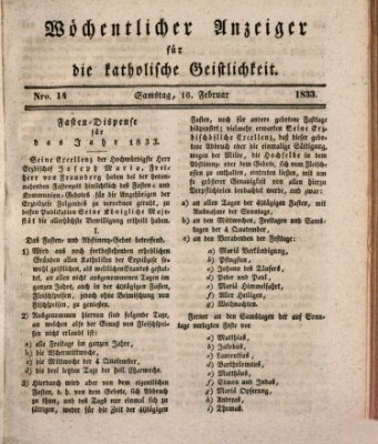 Wöchentlicher Anzeiger für die katholische Geistlichkeit Samstag 16. Februar 1833