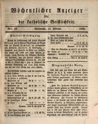 Wöchentlicher Anzeiger für die katholische Geistlichkeit Mittwoch 20. Februar 1833