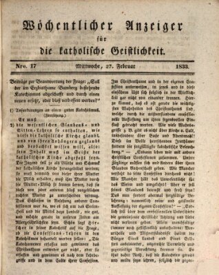 Wöchentlicher Anzeiger für die katholische Geistlichkeit Mittwoch 27. Februar 1833