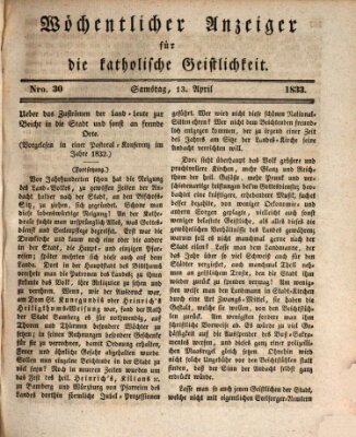 Wöchentlicher Anzeiger für die katholische Geistlichkeit Samstag 13. April 1833