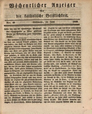 Wöchentlicher Anzeiger für die katholische Geistlichkeit Mittwoch 19. Juni 1833