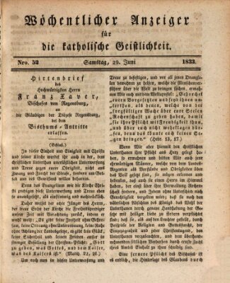 Wöchentlicher Anzeiger für die katholische Geistlichkeit Samstag 29. Juni 1833