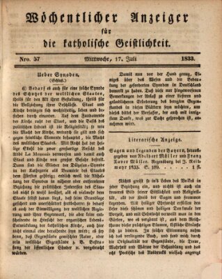 Wöchentlicher Anzeiger für die katholische Geistlichkeit Mittwoch 17. Juli 1833