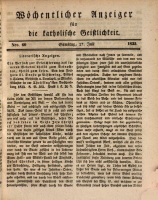 Wöchentlicher Anzeiger für die katholische Geistlichkeit Samstag 27. Juli 1833