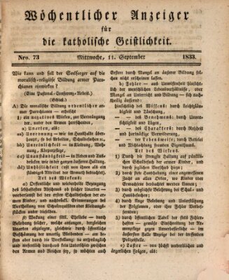 Wöchentlicher Anzeiger für die katholische Geistlichkeit Mittwoch 11. September 1833