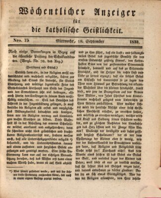 Wöchentlicher Anzeiger für die katholische Geistlichkeit Mittwoch 18. September 1833