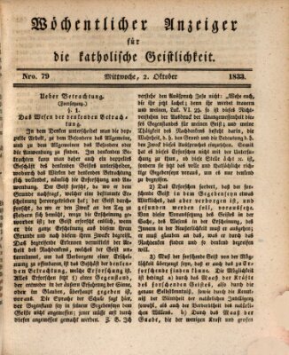 Wöchentlicher Anzeiger für die katholische Geistlichkeit Mittwoch 2. Oktober 1833