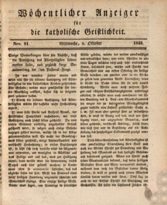 Wöchentlicher Anzeiger für die katholische Geistlichkeit Mittwoch 9. Oktober 1833