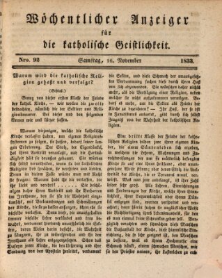 Wöchentlicher Anzeiger für die katholische Geistlichkeit Samstag 16. November 1833